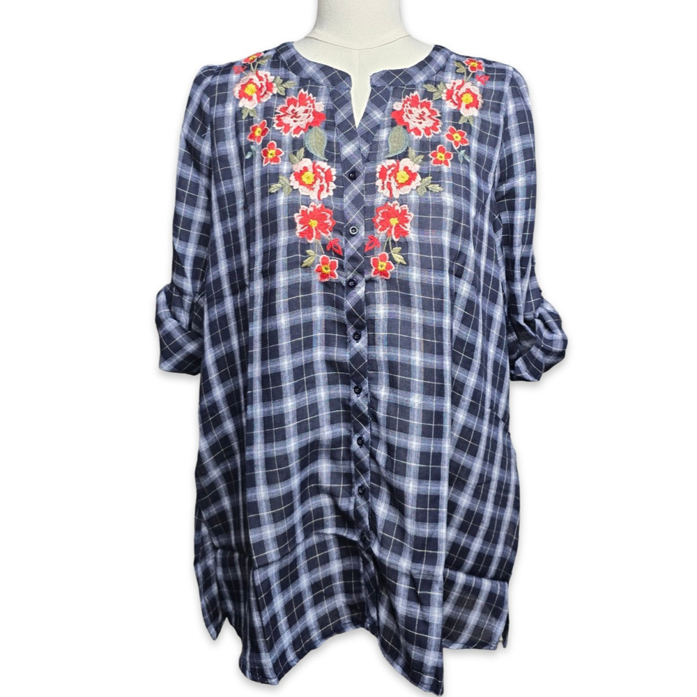 Andree by Unit Plaid Tunic Women Medium Navy Blue Floral Embroidered‎ NWT